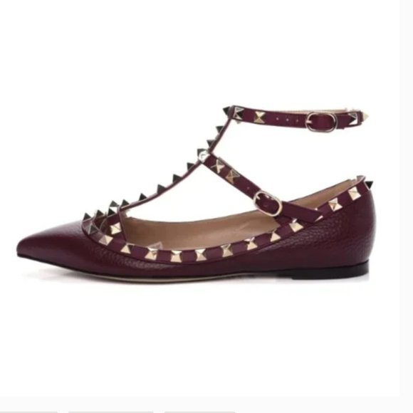Valentino Garavani Shoes - Valentino Garavani Burgundy Rockstud Flats